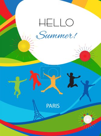 Abstract colorful background Hello Summer brochure cover modern design kids party vacation sports camp travel banner fluid shapes lines vector template sunset geometric concept with fireworks carnival, European travel advertising sign, wallpaper 2024