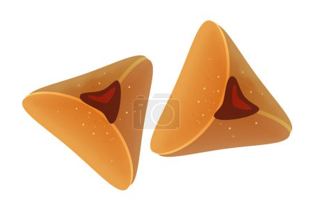 Hamantaschen cookies isolated on white vector sign. Hamantash, a reference to Haman, the villain of Purim, as described in the Book of Esther. Pastries symbolize the defeated enemy of the Jewish people. "Oznei Haman" in Hebrew filled with poppy seeds