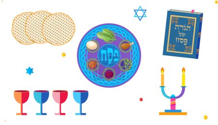 Illustration for Happy Passover Hebrew text greeting card decoration icons Kiddush cup, four wine glass, matzo matzah Jewish traditional bread for Passover Seder Pesach plate Haggadah book sign Vintage banner marble pattern texture tropical palm leaves 2024 wallpaper - Royalty Free Image