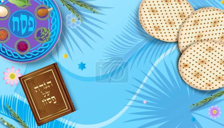 Illustration for Happy Passover Hebrew text greeting card decoration icons Kiddush cup, four wine glass, matzo matzah Jewish traditional bread for Passover Seder Pesach plate Haggadah book sign Vintage banner marble pattern texture tropical palm leaves 2024 wallpaper - Royalty Free Image