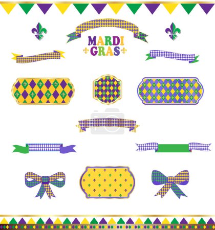 Set ribbons banner bow frame isolated 2024 Abstract carnival Mardi Gras Parade Festival music, dynamic ethnic pattern shapes tropical palm tree leaves, dancer samba parade, floral, exotic jungle modern background Rio Brazil vector banner fleur de lis