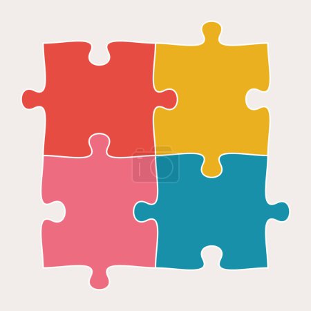 Vier miteinander verbundene Puzzleteile flache Vektorillustration. Infografik-Vorlage mit separaten passenden Stücken. Teamwork-Konzept.