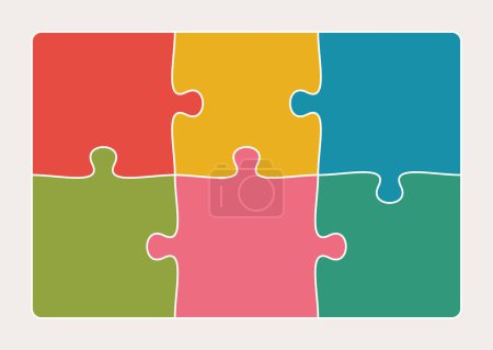 Six connected jigsaw puzzle parts flat vector illustration. Infographic template with separate matching pieces. Teamwork concept.