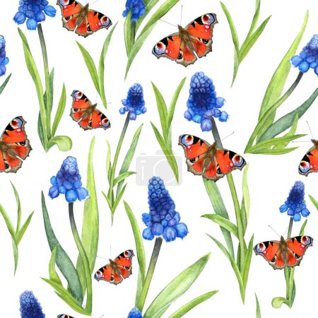 Photo for Peacock butterfly muscari flower watercolor realistic illustration seamless pattern. Botanical art painting isolated on white. Can be used for prints, wrapping and textile design, paper, wallpaper. - Royalty Free Image