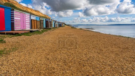 Beach Huts on the Channel Coast in Barton-on-sea, Hampshire, England, UK