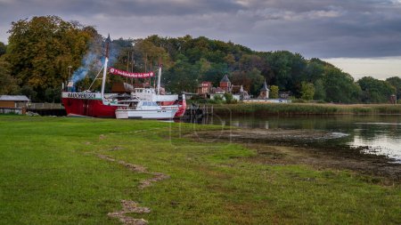 Photo for Ralswieck, Mecklenburg-Western Pomerania, Germany - October 09, 2020: The former first deep see vessel of the GDR, now a smokehouse - Royalty Free Image