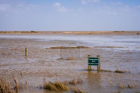 Schild: Naturschutzgebiet, kein öffentlicher Zugang, auf überschwemmtem Land in der Nähe von Bradwell Beach, Essex, England, Großbritannien