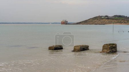 Colwell Bay, Isle of Wight, England, UK - April 17, 2023: View over Colwell Bay with Fort Albert in the background