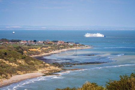 Photo for Culver Down, Isle of Wight, England, UK - April 20, 2023: A ferry on the way across the Solent - Royalty Free Image