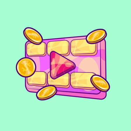Téléchargez les illustrations : Play Button with Film and Falling Coins Vector. Streaming Earning Illustration - en licence libre de droit