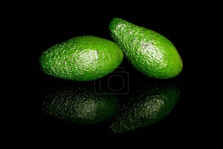 Foto de Dos aguacates orgánicos maduros de color verde oscuro, macro, aislados sobre fondo blanco negro. - Imagen libre de derechos