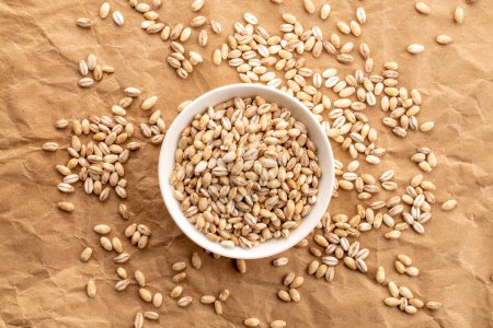 Photo for Organic pearl barley in white saucer on kraft paper, close-up, top view. - Royalty Free Image