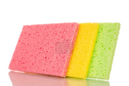 Foto de Tres esponjas de cocina de celulosa de colores, macro, aisladas sobre fondo blanco. - Imagen libre de derechos