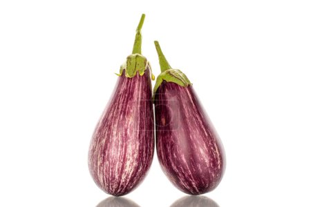 Photo for Two organic ripe eggplants, macro, isolated on white background. - Royalty Free Image