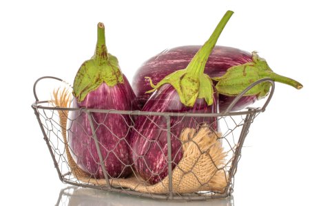 Photo for Three organic ripe eggplants in a basket, macro, isolated on white background. - Royalty Free Image