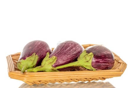Photo for Three organic ripe eggplants on a straw tray, macro, isolated on white background. - Royalty Free Image