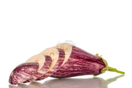 Photo for One juicy eggplant cut into pieces, macro, isolated on white background. - Royalty Free Image