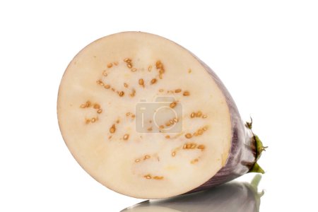 Photo for One half juicy eggplant, macro, isolated on white background. - Royalty Free Image