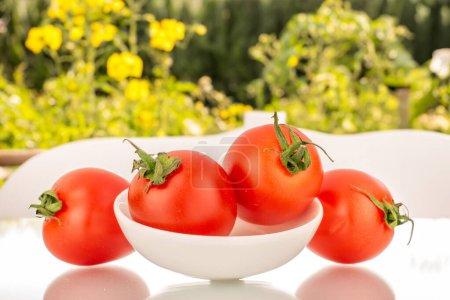 Foto de Varios tomates cherry maduros con plato de cerámica blanca, macro, en el fondo del jardín - Imagen libre de derechos