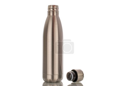 Photo for One metal water bottle with vacuum insulation, macro, isolated on white background. - Royalty Free Image