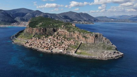 Monemvasia aerial view, a historical castle town built on a rock island, Lakonia, Peloponnese, Greece
