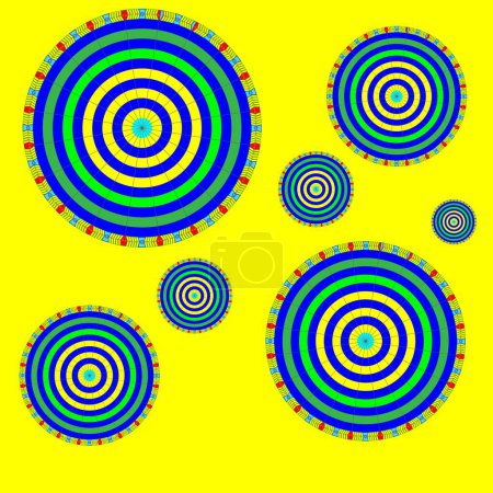 Téléchargez les photos : Mandalas colorés de différentes tailles sur un fond jaune - en image libre de droit