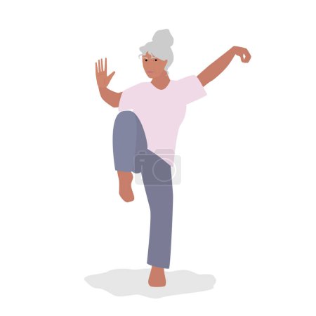 Illustration for Senior woman make Tai Chi exercising. Pensioners Morning Workout at City Park, Group Classes for Elderly People Healthy Body, Flexibility and Wellness. Cartoon Vector Illustration - Royalty Free Image