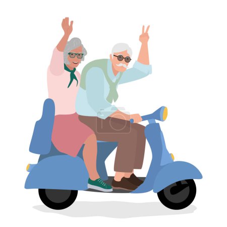 Téléchargez les illustrations : Homme plus âgé et femme conduite scooter vectoriel illustration mode de vie des personnes âgées moderne heureux, souriant, actif, voyager - en licence libre de droit