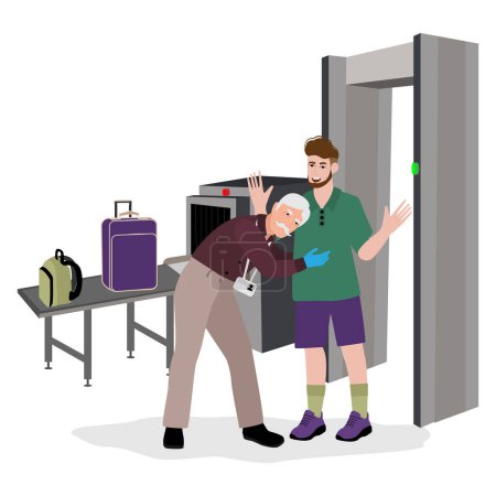 Illustration for Airport security checkpoint. Police officers checking baggage, scanning people tourists. Passengers control with scanners, frames, metal detectors, computers at terminal. Flat vector illustration - Royalty Free Image
