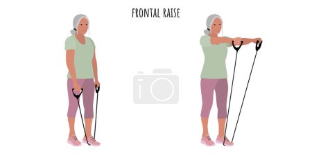 Ilustración de Mujer mayor haciendo ejercicio de aumento frontal. Deporte, bienestar, entrenamiento, fitness. Ilustración vectorial plana - Imagen libre de derechos
