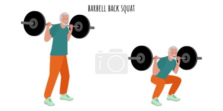 Ilustración de Hombre mayor haciendo ejercicio de sentadilla en la espalda. Deporte, bienestar, entrenamiento, fitness. Ilustración vectorial plana - Imagen libre de derechos