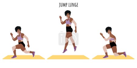 Illustration for Young woman with vitiligo doing jump lunge exercise. Young African american woman with Vitiligo. Support people with chronic skin disorder. Beauty is Diversity. Self acceptance, self love concept. - Royalty Free Image