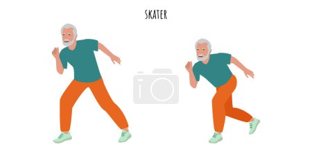 Ilustración de Hombre mayor haciendo ejercicio de patinador. Estilo de vida activo. Bienestar, entrenamiento, fitness. Ilustración vectorial plana - Imagen libre de derechos