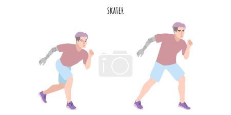 Téléchargez les illustrations : Homme avec une prothèse de main faisant de l'exercice de patineur. Séance d'entraînement inclusive pour les personnes handicapées. Sport, bien-être, entraînement, fitness. Illustration vectorielle plate - en licence libre de droit