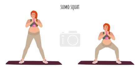 Femme enceinte faisant de l'exercice de squat sumo. Féminisme, acceptation de soi et liberté. Mode de vie actif. Sport, bien-être, entraînement, fitness. Illustration vectorielle plate