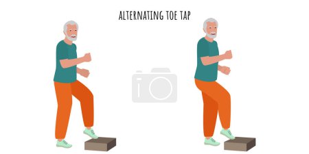 Ilustración de Hombre mayor haciendo ejercicio alterno del dedo del pie. Estilo de vida activo. Ilustración vectorial plana - Imagen libre de derechos