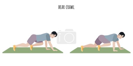 Illustration for Asian young man doing bear crawl exercise. Sport, wellness, workout, fitness. Flat vector illustration - Royalty Free Image