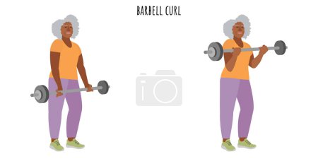 Ilustración de Mujer mayor haciendo ejercicio de rizo de barra. Deporte, bienestar, entrenamiento, fitness. Ilustración vectorial plana - Imagen libre de derechos