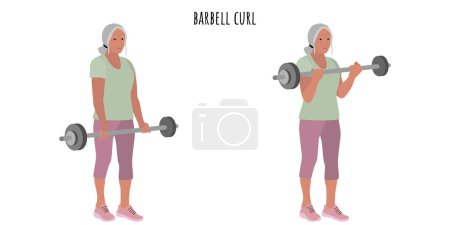 Ilustración de Mujer mayor haciendo ejercicio de rizo de barra. Deporte, bienestar, entrenamiento, fitness. Ilustración vectorial plana - Imagen libre de derechos