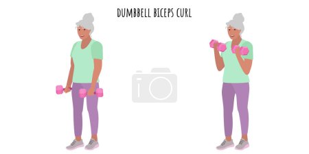 Ilustración de Mujer mayor haciendo ejercicio de rizo de bíceps de mancuerna. Deporte, bienestar, entrenamiento, fitness. Ilustración vectorial plana - Imagen libre de derechos