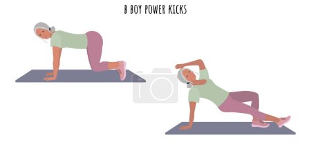 Ilustración de Mujer mayor haciendo b boy power patea ejercicio. Estilo de vida activo. Ilustración vectorial plana - Imagen libre de derechos