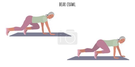 Téléchargez les illustrations : Femme âgée faisant de l'exercice de rampement d'ours. Mode de vie actif. Illustration vectorielle plate - en licence libre de droit