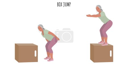 Ilustración de Mujer mayor haciendo ejercicio de salto de caja. Estilo de vida activo. Ilustración vectorial plana - Imagen libre de derechos