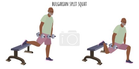 Ilustración de Hombre mayor haciendo ejercicio bulgaro de sentadilla dividida. Estilo de vida activo. Ilustración vectorial plana - Imagen libre de derechos