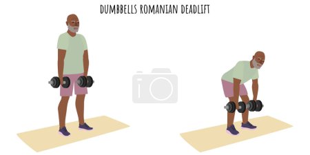 Ilustración de Hombre mayor haciendo ejercicios rumanos de levantamiento de pesas. Estilo de vida activo. Ilustración vectorial plana - Imagen libre de derechos