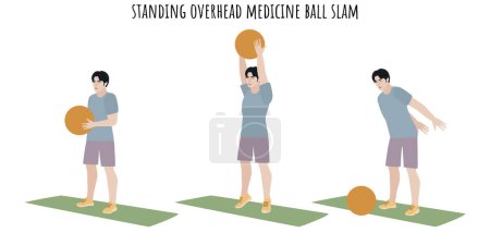 Illustration for Asian young man doing standing overhead medicine ball slam exercise. Sport, wellness, workout, fitness. Flat vector illustration - Royalty Free Image