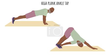 Illustration for Senior man doing high plank ankle tap exercise. Active lifestyle. Flat vector illustration - Royalty Free Image