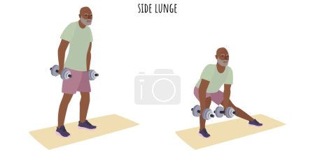Illustration for Senior man doing side lunge exercise. Active lifestyle. Flat vector illustration - Royalty Free Image
