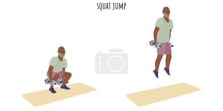 Illustration for Senior man doing squat jump exercise. Active lifestyle. Flat vector illustration - Royalty Free Image