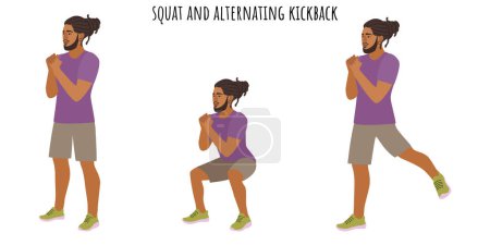 Illustration for Young man doing squat and alternating kickback exercise. Sport, wellness, workout, fitness. Flat vector illustration - Royalty Free Image